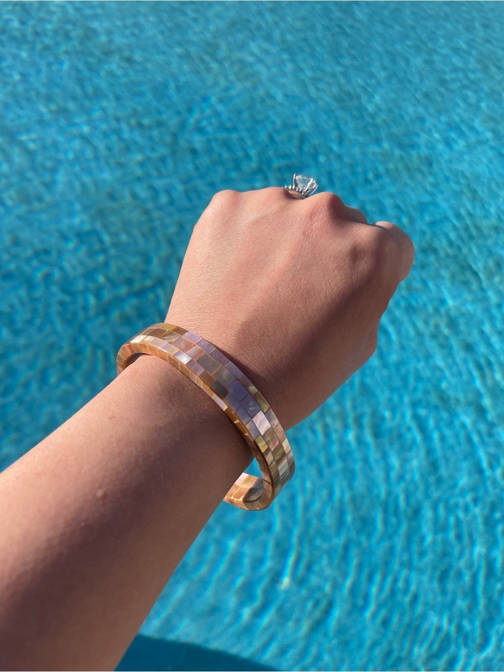Palawan Mother of Pearl Mosaic Bangle Bracelet Champagne Tone